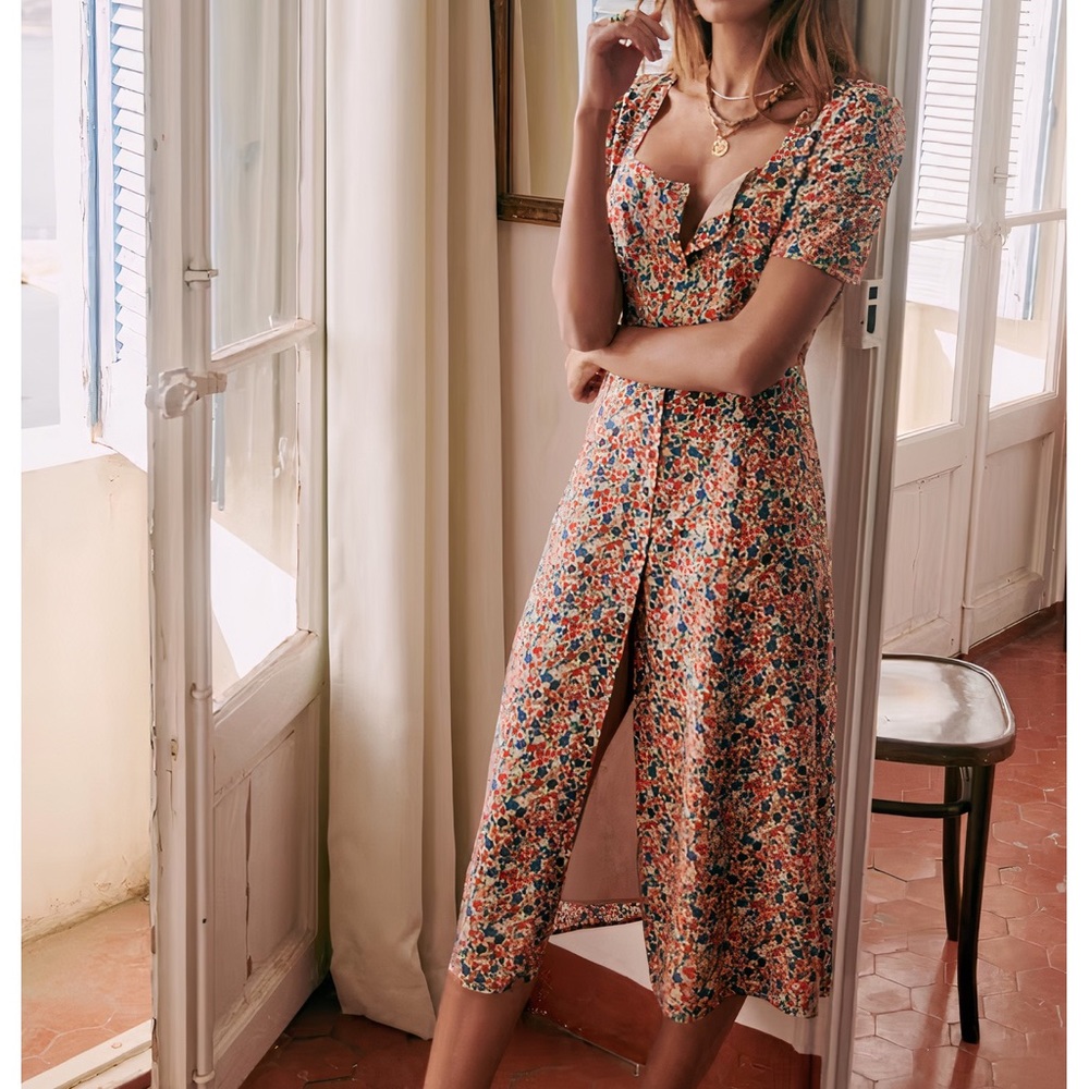 Sezane Floral Midi Dress in Multicolor (Blue, Coral, Cream)